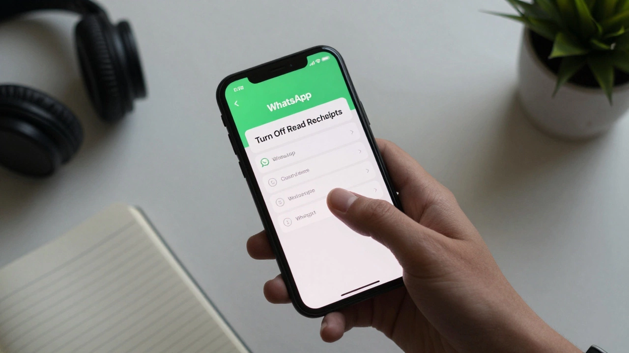 A hand turning off read receipts in WhatsApp with personal items nearby.