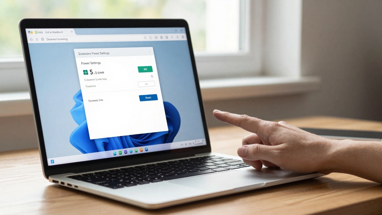 A laptop showing power settings and a keyboard shortcut being used.