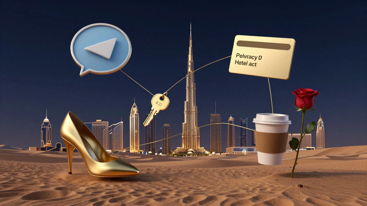Floating symbolic icons representing privacy and companionship above Dubai&#039;s skyline in surreal digital art.