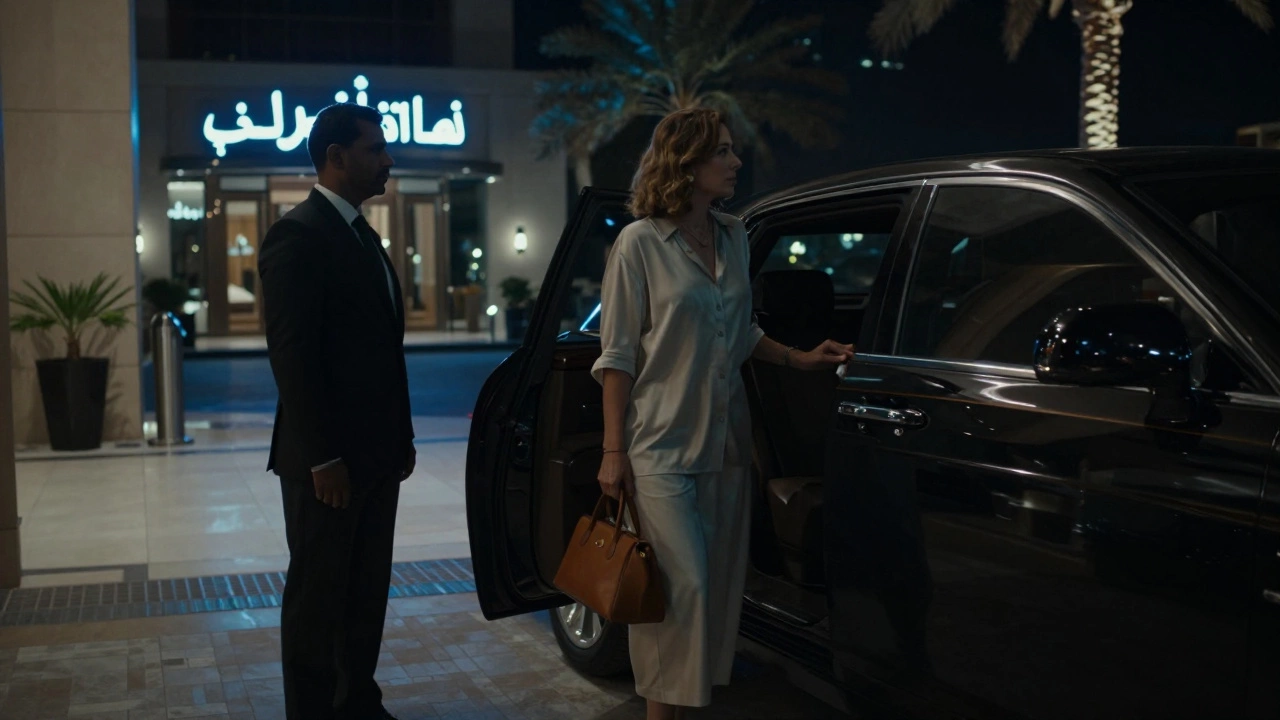 Silhouettes of a woman exiting a car outside a Dubai hotel, discreet and unobtrusive under city lights.